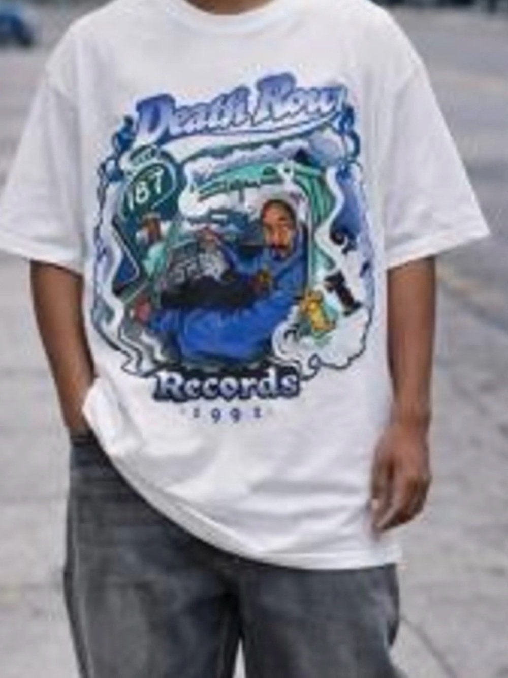 Death Row Records t-shirt. features record label's history in hip-hop culture.